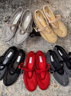 法式仙女镂空网纱玛丽珍芭蕾舞鞋女平底一字扣透气渔网水晶钻单鞋