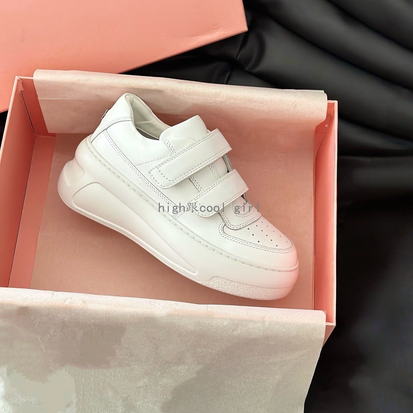 真皮魔术贴笑脸小白鞋女厚底增高