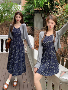 香衣儿大码女装秋季新款碎花吊带裙连衣裙长袖外搭上衣两件套套装