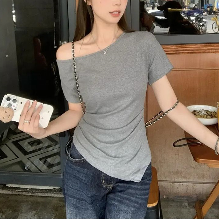 NAIDA爱美丽大码法式气质一字肩短袖T恤斜肩修身辣妹收腰露肩上衣