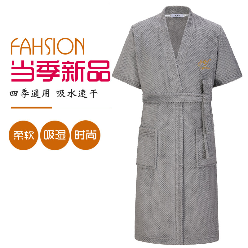2025新款珊瑚绒吸水浴袍男士短袖菠萝格大码睡袍女四季家居服睡衣