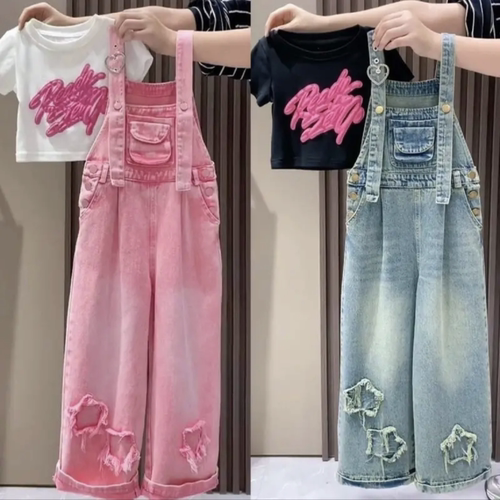 女童牛仔背带裤套装夏季2024新款洋气网红短袖百搭中大童两件套潮