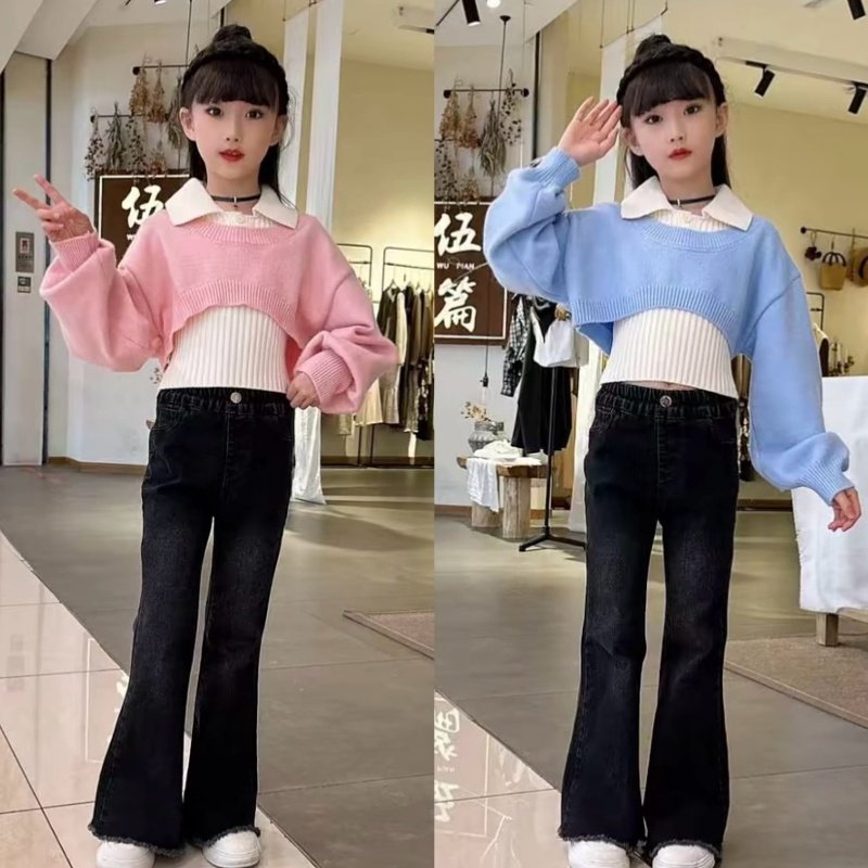 韩版女童衬衫毛衣套装秋冬新款洋气时髦中大童牛仔喇叭裤三件套潮