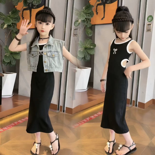甜酷女童牛仔马甲连衣裙套装夏季新款洋气蝴蝶露腰背心裙两件套潮