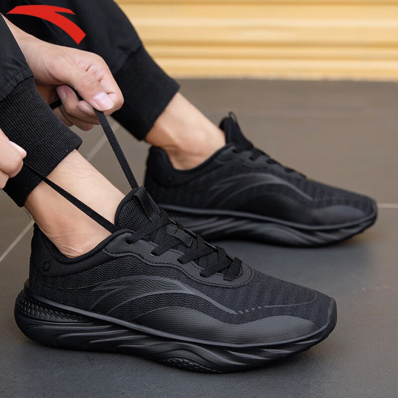 男跑步鞋安踏网面透气运动鞋子黑