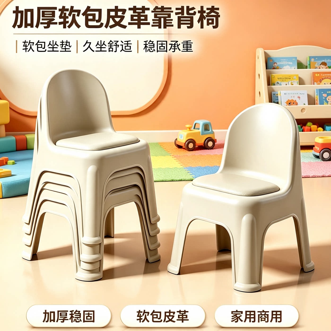 【软包皮革】塑料凳子加厚儿童靠背椅幼儿园宝宝椅成人家用小矮凳