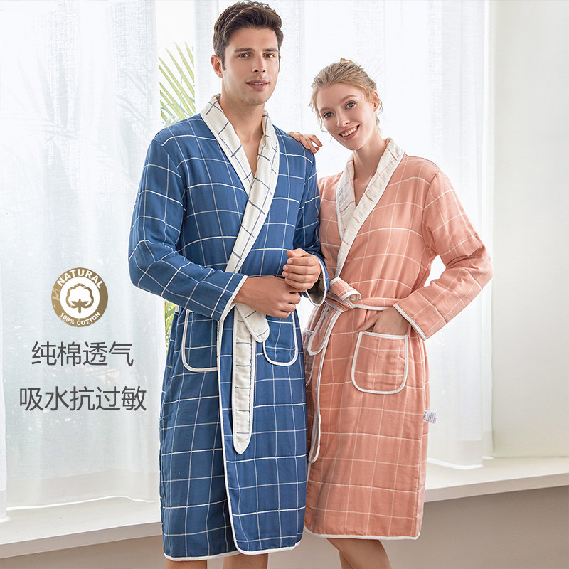 色织纯棉棉纱浴袍男女情侣睡袍吸水速干柔软格子全棉睡衣家居服女