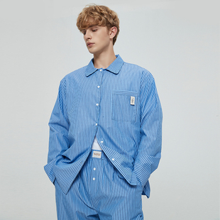 裤 高级天丝棉丝滑长款 睡衣蓝色条纹宽松欧美风家居服套装 式 男衬衫