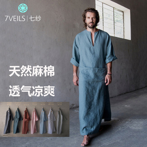 文艺复古麻棉宽松大码睡袍男薄款