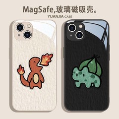 适用苹果15手机壳杰尼龟iphone16玻璃16e镜面13无线充电magsafe磁吸12皮卡丘11pro喷火龙14promax可达鸭plus
