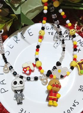 原创手作面包超人水晶串珠项链女