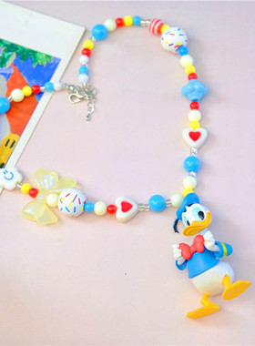 蝴蝶结唐老鸭手工彩色串珠项链女