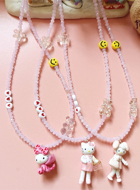 手作豹纹kitty猫咪粉色串珠项链
