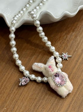 原创手作粉色兔子水钻珍珠项链女