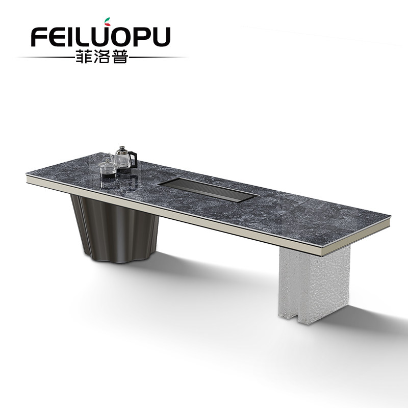 轻奢风现代简约办公室阳台会客别墅家用亮光岩板茶台智能上水茶桌