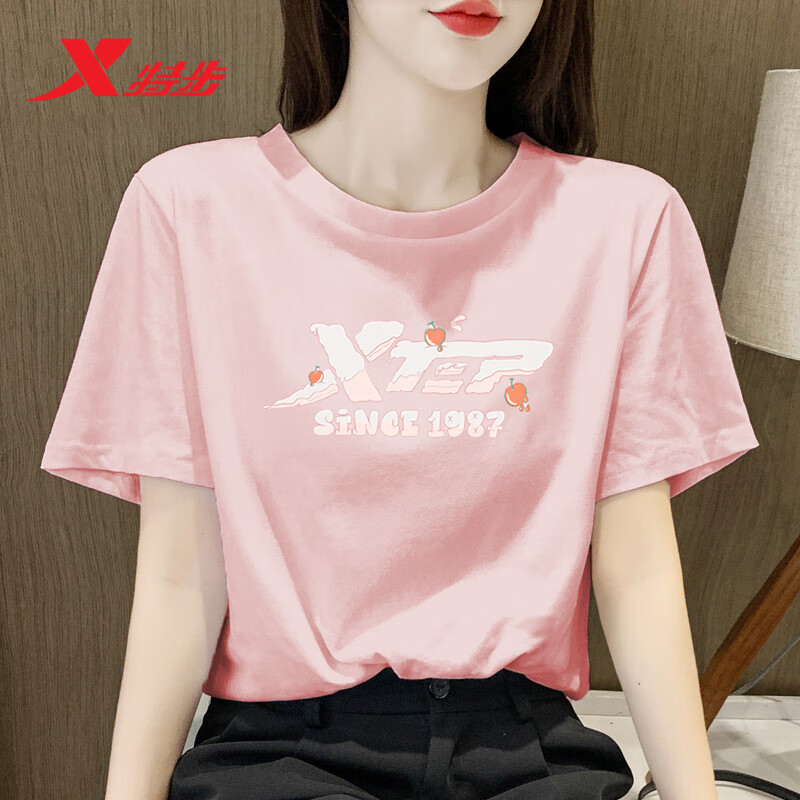 特步短袖T恤女2025新款夏季女士宽松圆领上衣女款白色体恤衫