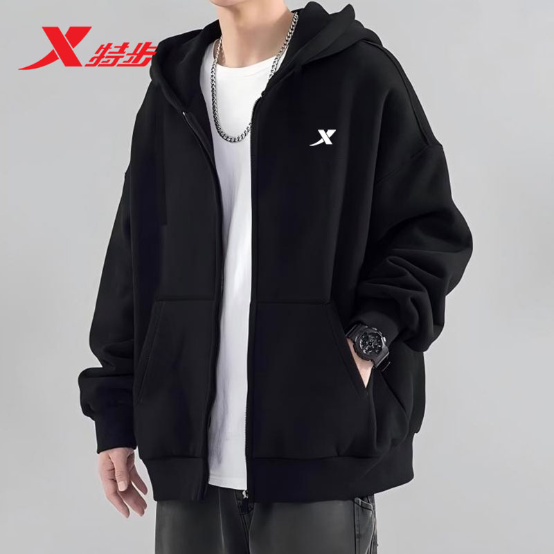特步连帽开衫卫衣外套春季新款男