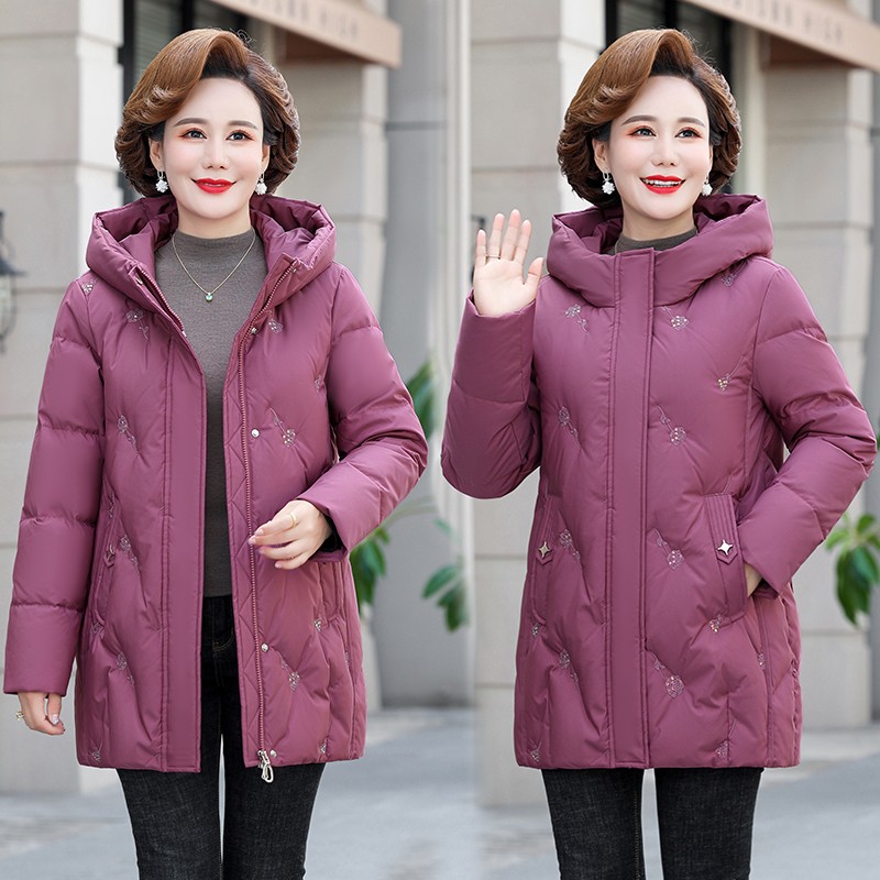 中年妈妈冬装羽绒服中长款中老年人秋冬季外套女大码奶奶加厚棉袄