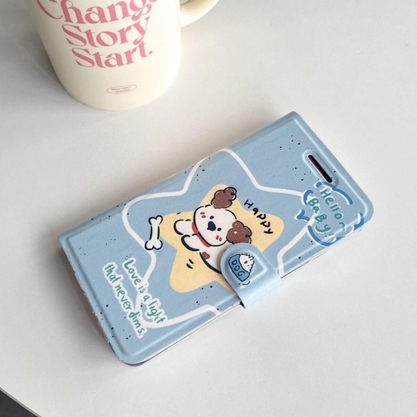 蓝色小狗翻盖皮套oppoReno14手机壳FindX8S+新款Reno13/12创意折叠支架Reno11/10防摔9小众7可插卡女8pro全包