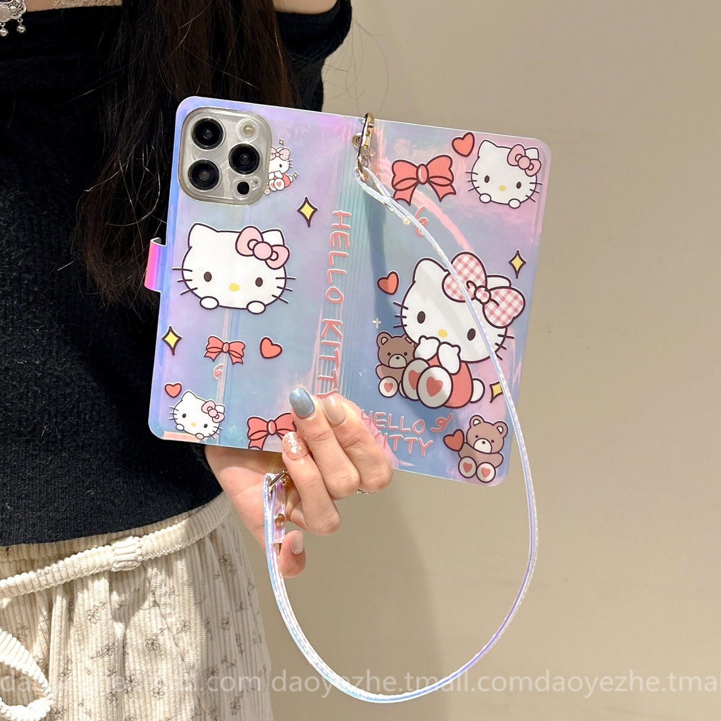 镭射蝴蝶结KT猫翻盖皮套适用小米15手机壳K80/14新款K70卡包note13挂绳K60带折叠支架红米Turbo4女12X防摔pro