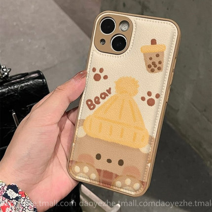 秋冬皮纹奶茶小熊狗狗oppoReno15手机壳FindX9/X8S+新款Reno14/12小众皮质11/9可爱女7/6硅胶10pro防摔保护套