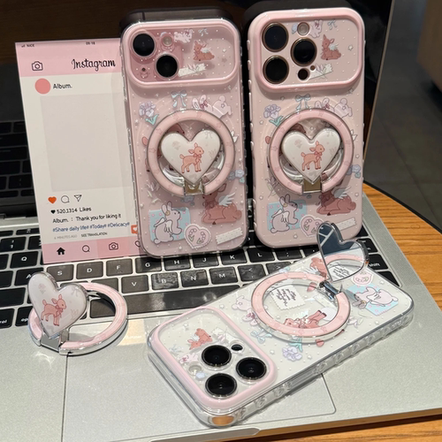 可爱花朵小鹿适用苹果17/16promax手机壳iPhone15/14pm镜面爱心支架FindX9/X8小米17pro硅胶华为pura90/80/70