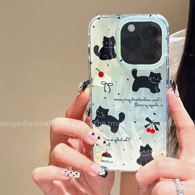 薄荷绿樱桃小黑猫适用于小米17promax手机壳K80小众15羽纱K70E女note14新款K60硅胶红米K50小众13创意K40全包