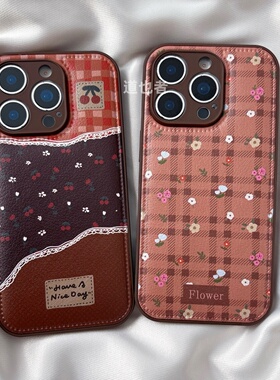 皮纹复古樱桃碎花适用小米17promax手机壳k90/15新款K80皮质note14全包K70e红米K60小众K50女13防摔K40保护套