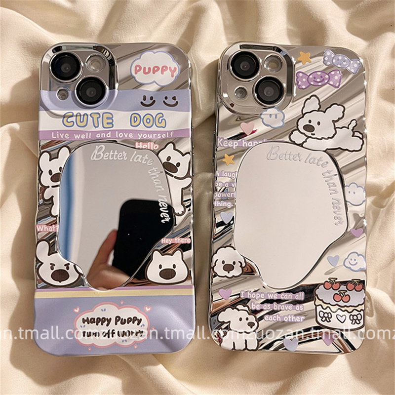 电镀可爱小狗镜面适用于小米14手机壳K70e创意补妆镜note13新款K60硅胶红米K50高级感女款12X防摔K40pro+全包