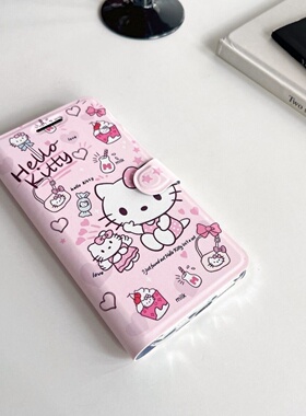 少女粉色KT猫翻盖皮套适用小米17promax手机壳K90/15新款K80插卡note14简约K70折叠支架红米Turbo4全包13防摔