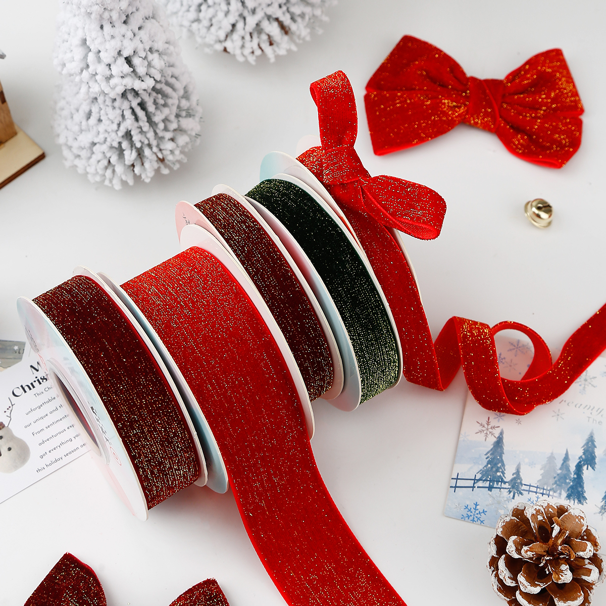 圣诞节闪金光植绒丝带天鹅绒红色新年手工蝴蝶结礼品婚庆包装饰