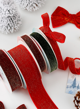 圣诞节闪金光植绒丝带天鹅绒红色新年手工蝴蝶结礼品婚庆包装饰