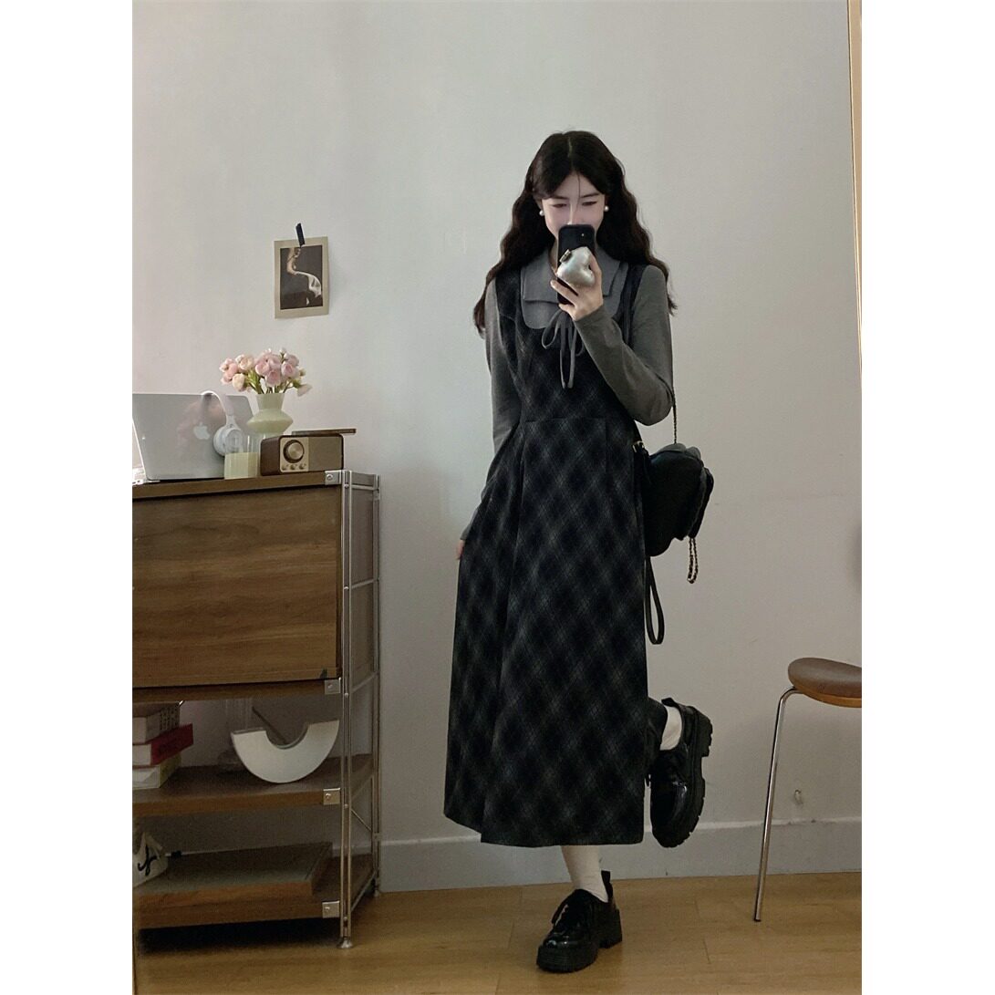 大码新款秋季假两件裙子拼接女装时尚胖显瘦减龄mm收腰长袖连衣裙
