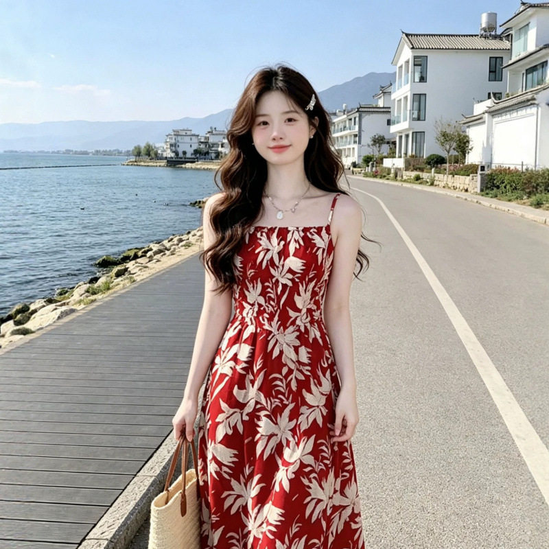 法式红色碎花吊带连衣裙子女夏季2026新款海边长裙