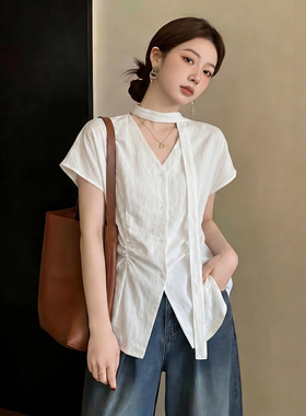 简约款慵懒风短袖衬衫女夏季新款飘带设计显瘦百搭短袖上衣A12485