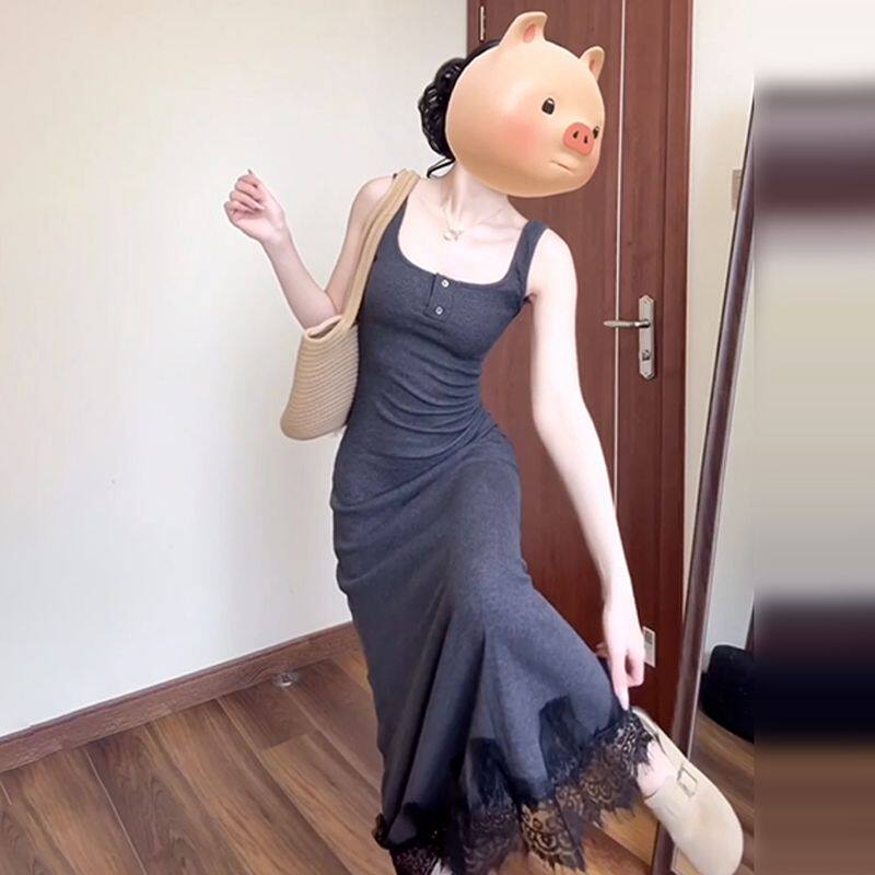 灰色吊带方领裙子女2025