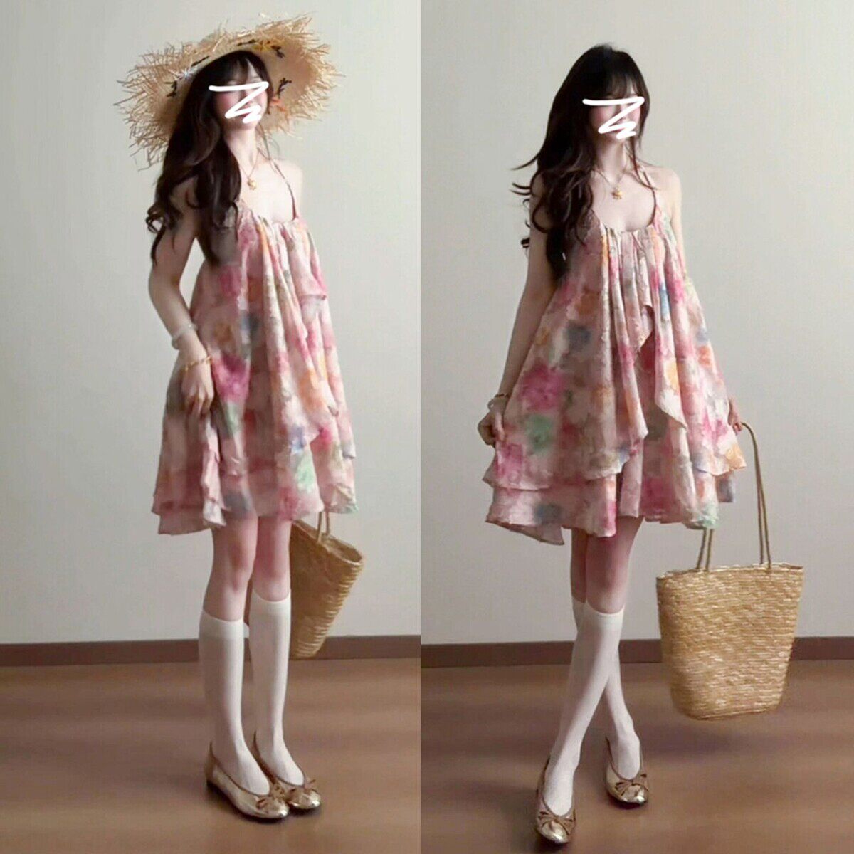粉色碎花吊带洋装子女初