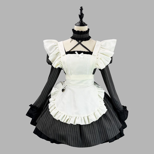 新款 甜美条纹女仆装 蕾丝花边泡泡袖女仆游戏服装COSPLAY演出服