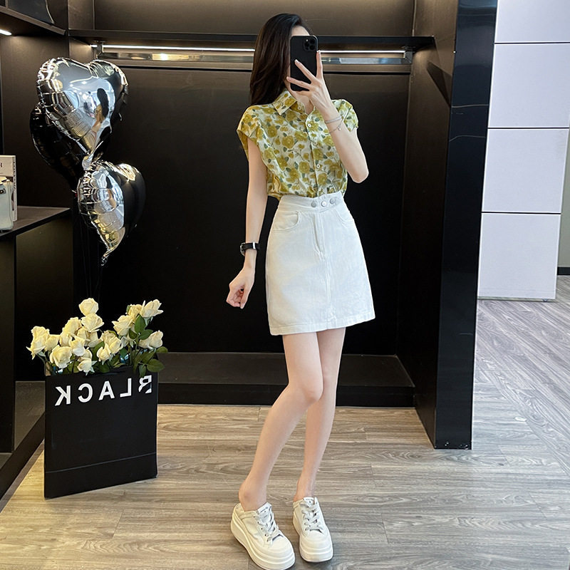 韩版女装2026新款洋气花衬衫法式小众感上衣有内衬白色牛仔裙