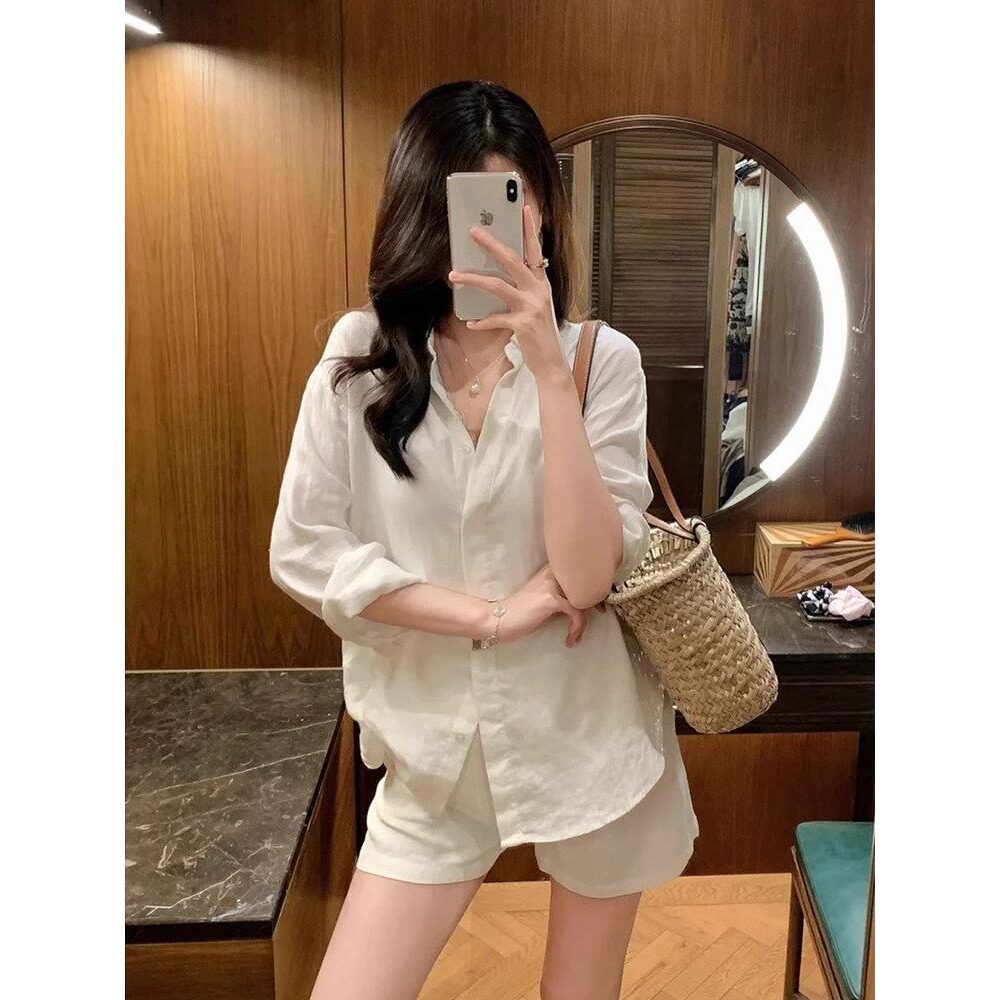 白色棉麻防晒衬衫女初季薄款小个子宽松休闲亚麻衬衣开衫长袖上衣