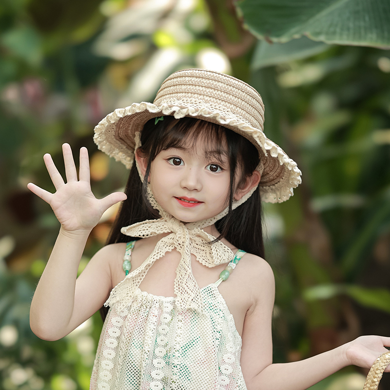 韩国儿童草帽夏季女童遮阳帽子海边度假宝宝防晒帽绑带女孩太阳帽