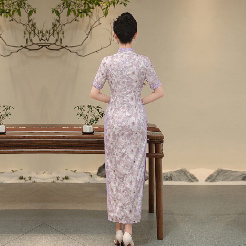 速发紫色旗袍轻奢高级感中年妈妈名媛晚礼服年轻日常夏装加大码