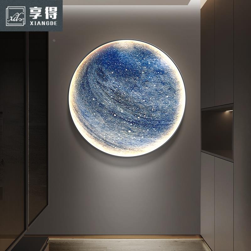 现代轻奢发光月球挂画玄关卧室圆形装饰画客厅沙发背景墙灯壁画图片