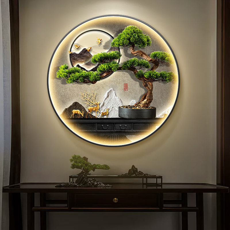 迎客松圆形玄关装饰画新中式灯画入户正对门挂画走廊过道山水壁画图片