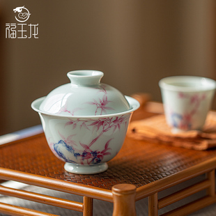 福玉龙景德镇三才盖碗茶杯陶瓷手工薄胎单个高档青花茶碗茶具套装