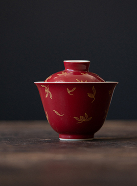 福玉龙郎红烫金盖碗 功夫茶具陶瓷仿烫泡茶碗 家用红色国风主泡碗