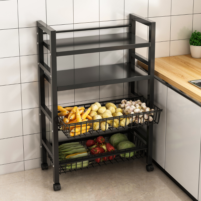 厨房置物架落地多层靠墙可移动收纳框碳钢多功能蔬菜篮子储物架子