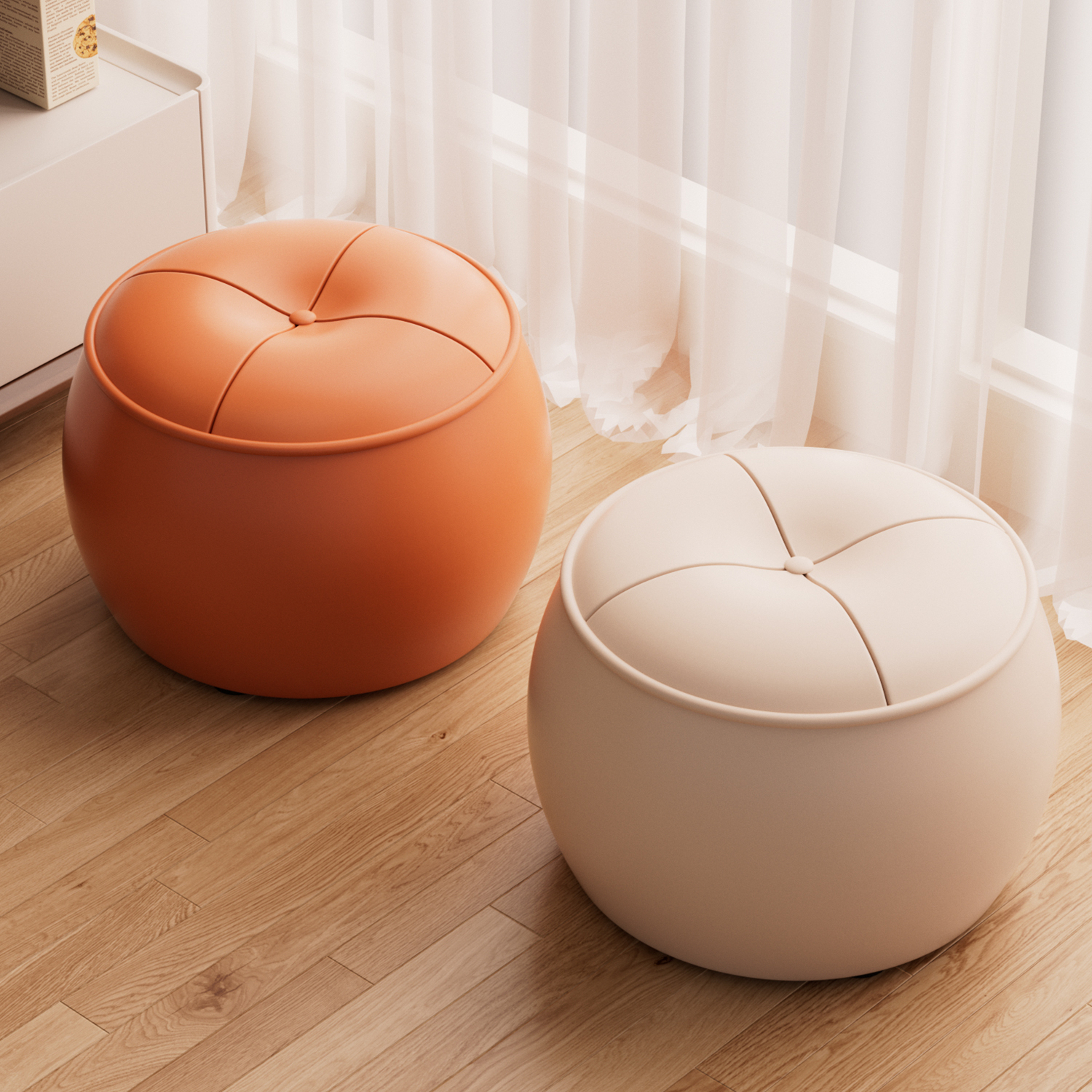 小凳子家用入户门口换鞋圆坐墩轻奢简约创意沙发凳客厅实木皮凳子