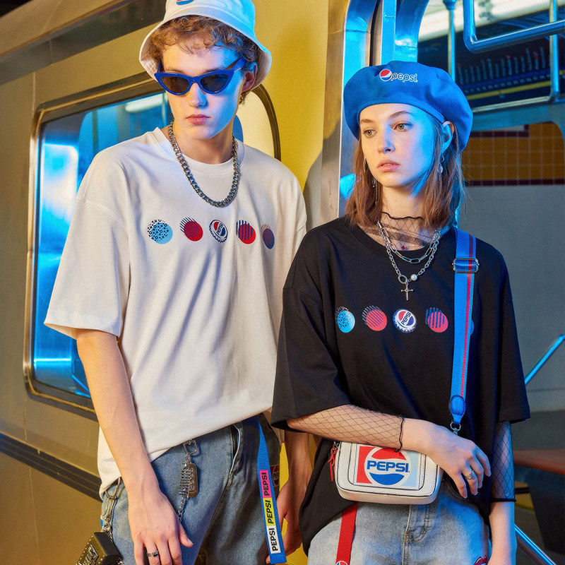 百事短袖男新logo圆领夏季情侣装半袖休闲T恤女运动服大码上衣男