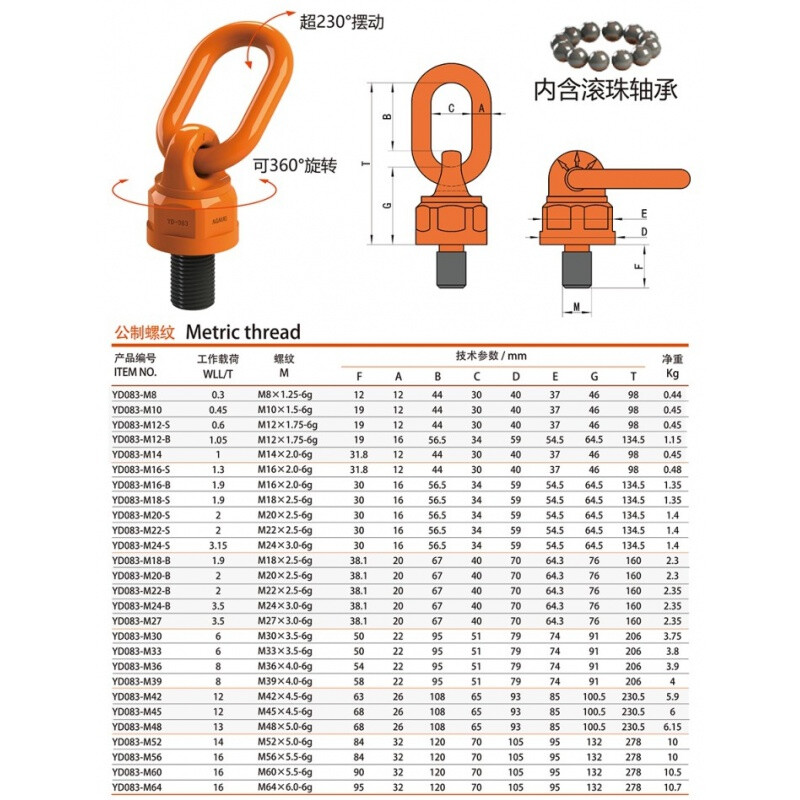 新品定制万向旋转吊环螺丝螺钉360°旋转起重模具吊环80级螺栓M8M